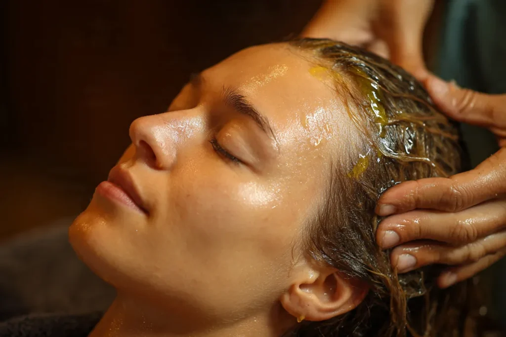 Mulher recebendo massagem no couro cabeludo com óleo enquanto mantém os olhos fechados